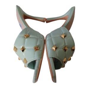 OLIVIA AND KATE Sarabeth Pastel Green Square Toe Gold Studded Stiletto Heels